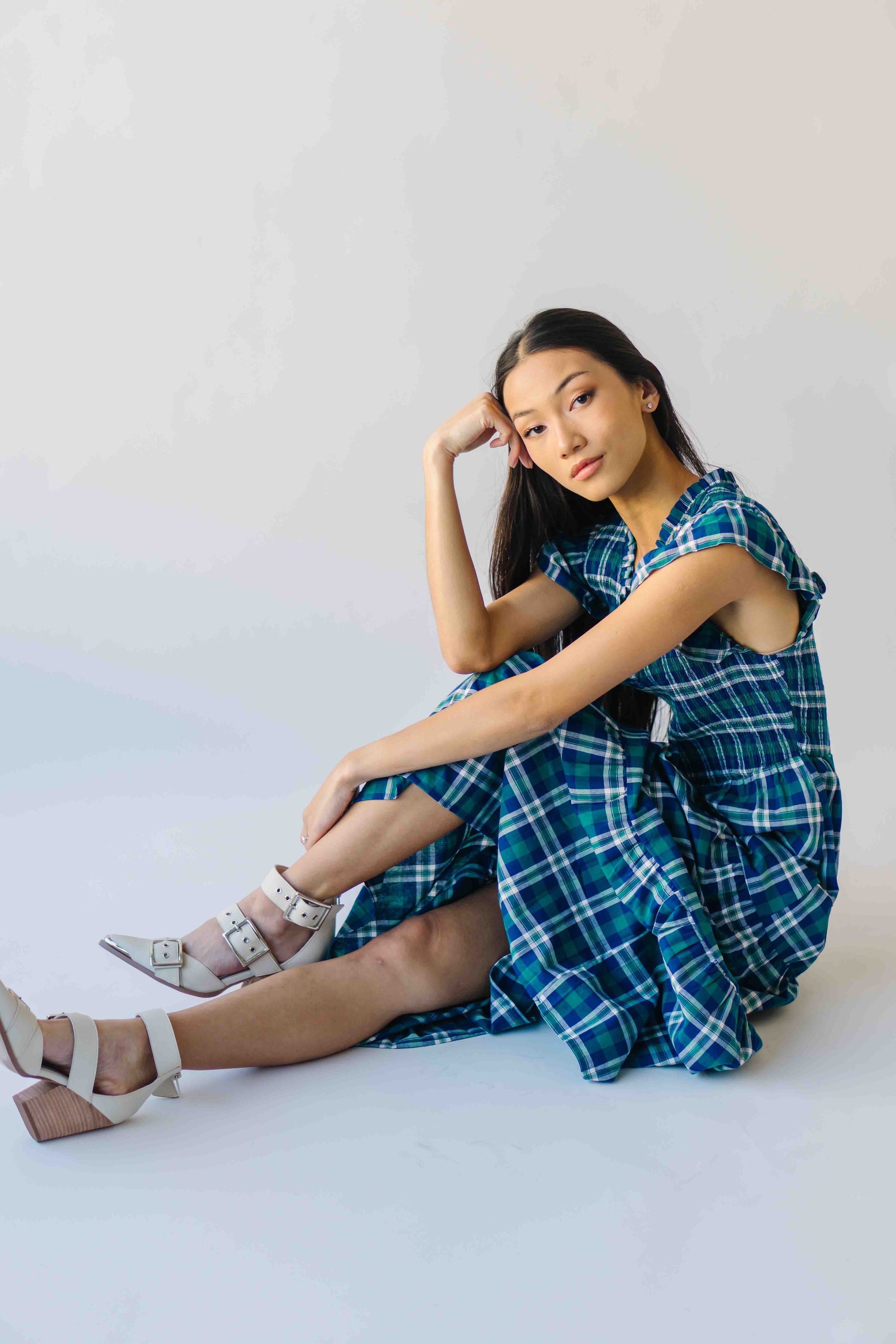 The Fenton Plaid Midi Dress in Navy + Green X-Small
