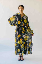 The Sully Button-Up Floral Midi Dress in Black + Yellow