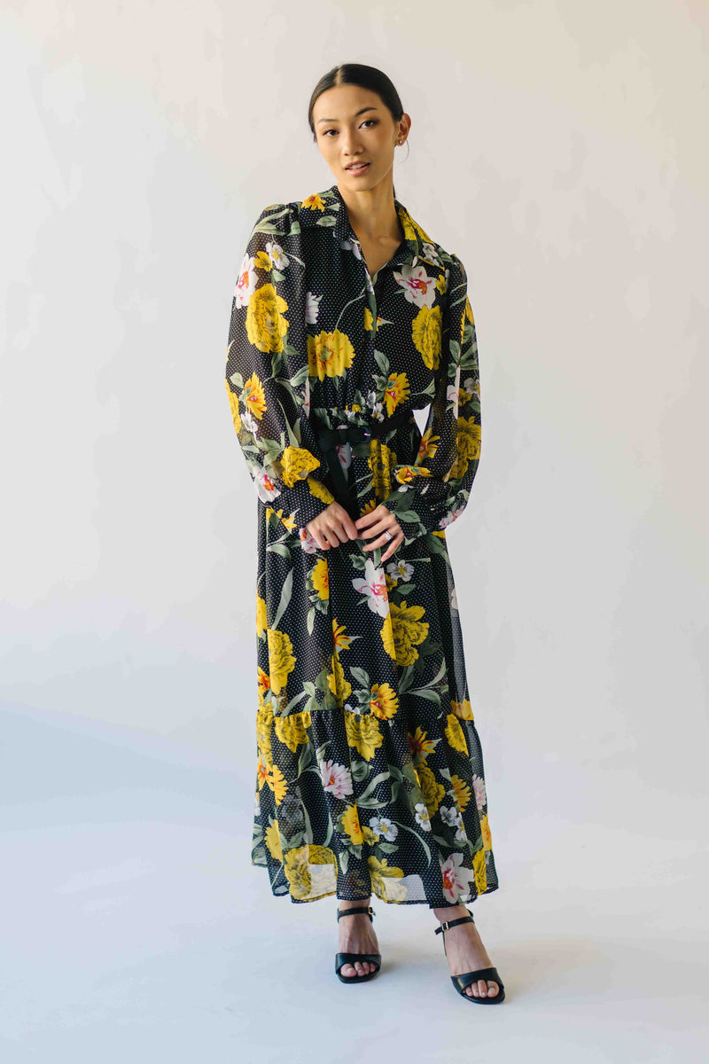 The Sully Button-Up Floral Midi Dress in Black + Yellow