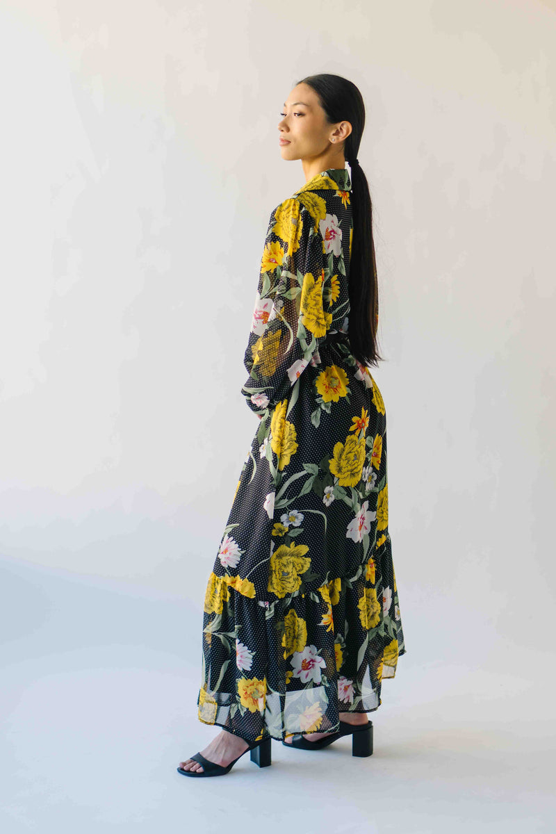 The Sully Button-Up Floral Midi Dress in Black + Yellow