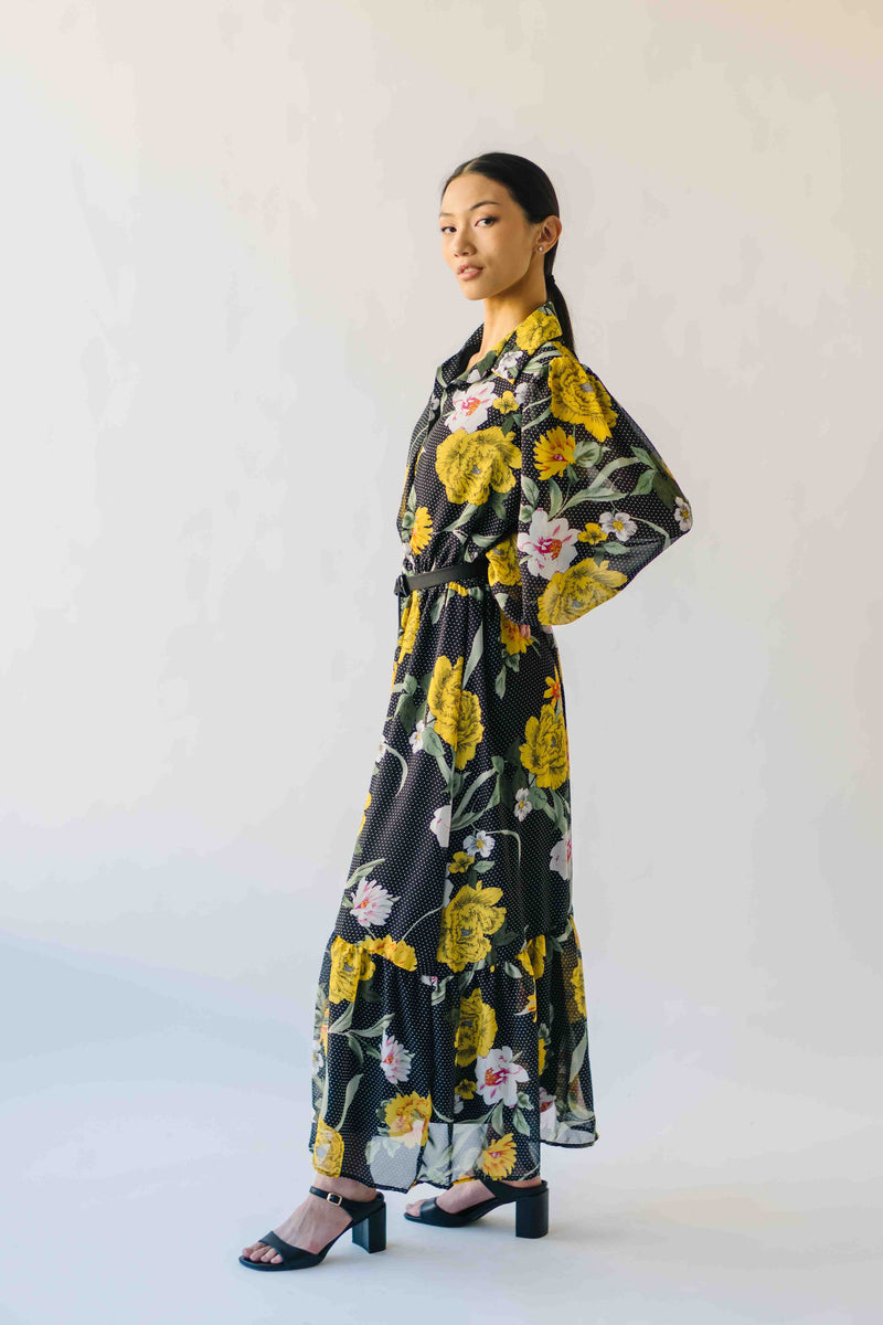 The Sully Button-Up Floral Midi Dress in Black + Yellow