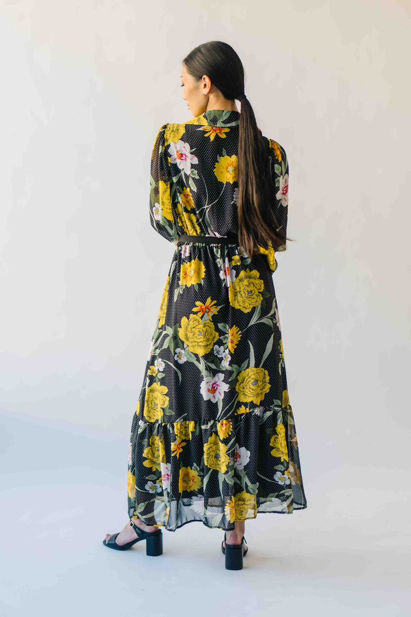 The Sully Button-Up Floral Midi Dress in Black + Yellow