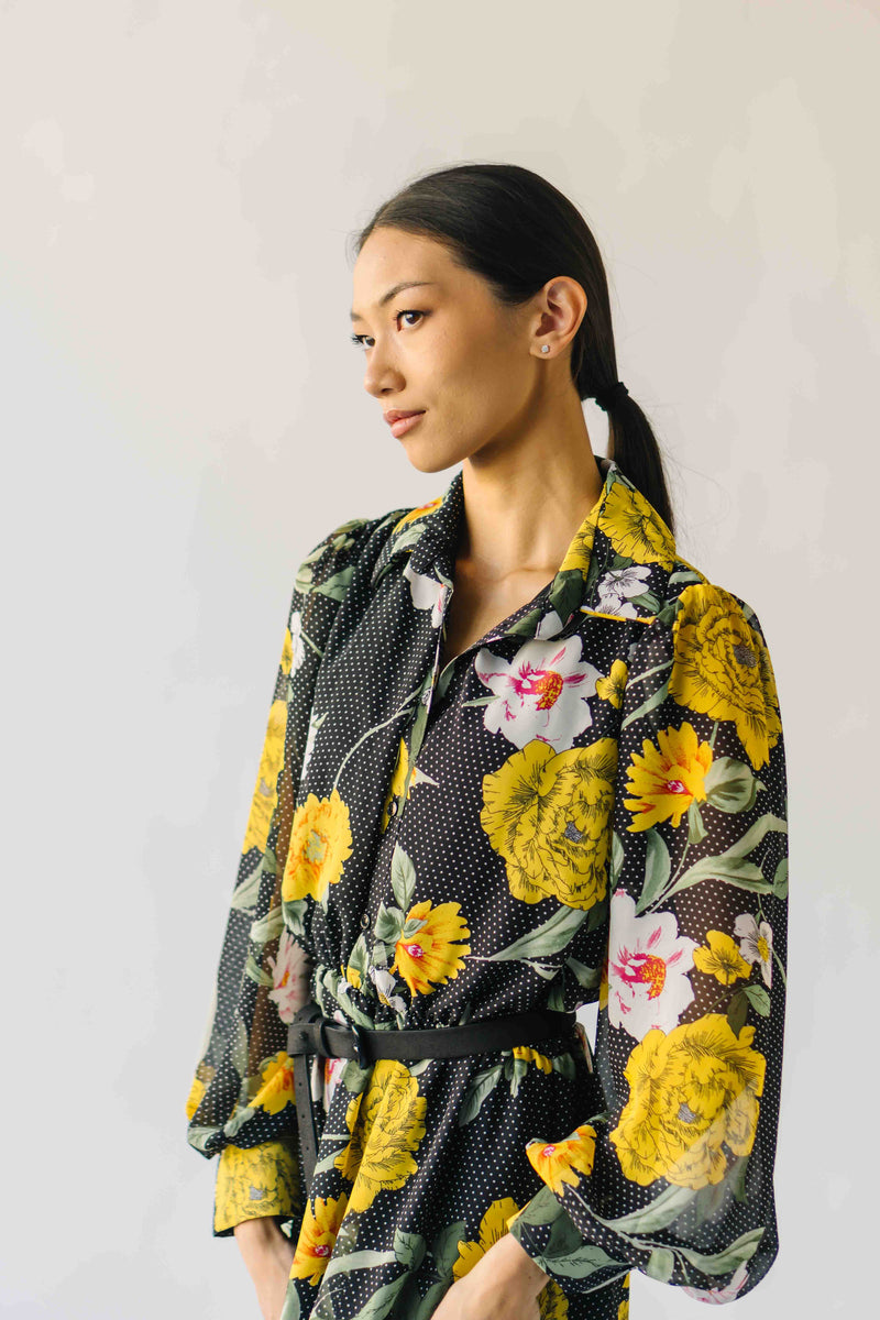 The Sully Button-Up Floral Midi Dress in Black + Yellow