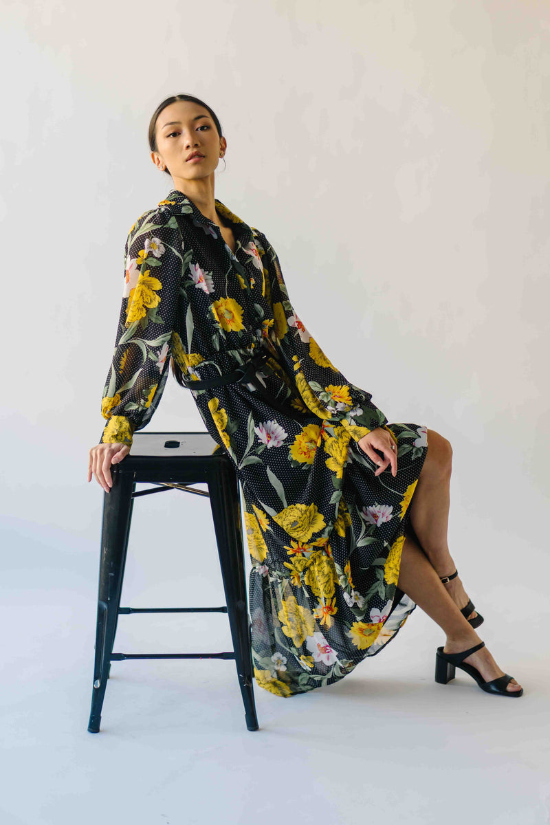 The Sully Button-Up Floral Midi Dress in Black + Yellow