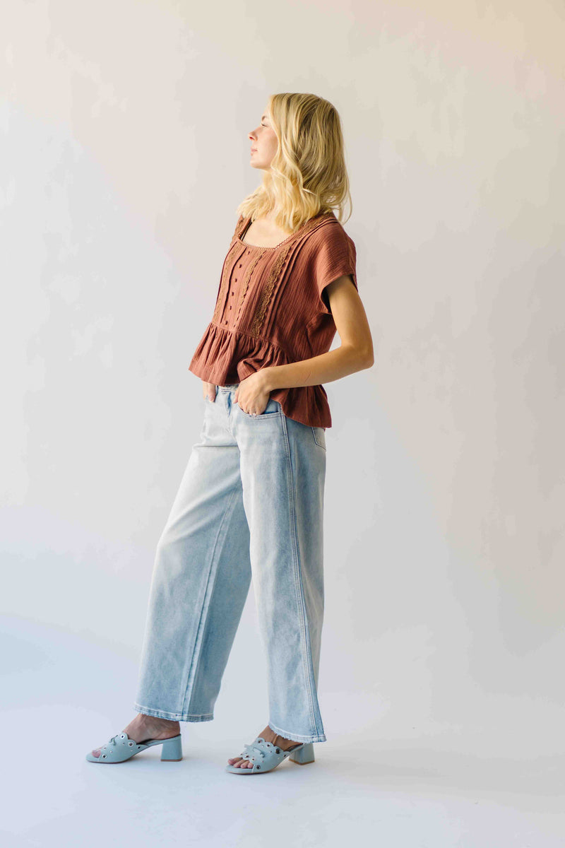 The Denny Lace Trim Button-Up Blouse in Terracotta