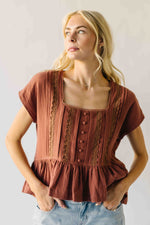 The Denny Lace Trim Button-Up Blouse in Terracotta