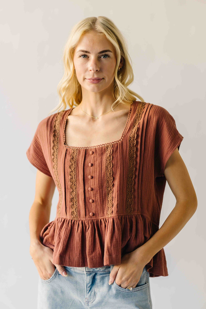 The Denny Lace Trim Button-Up Blouse in Terracotta