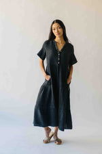 The Lora Washed Cotton Midi Dress in Black