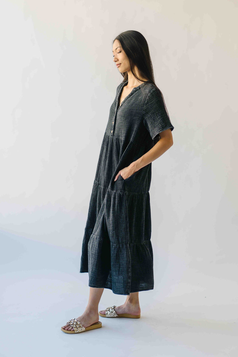The Lora Washed Cotton Midi Dress in Black