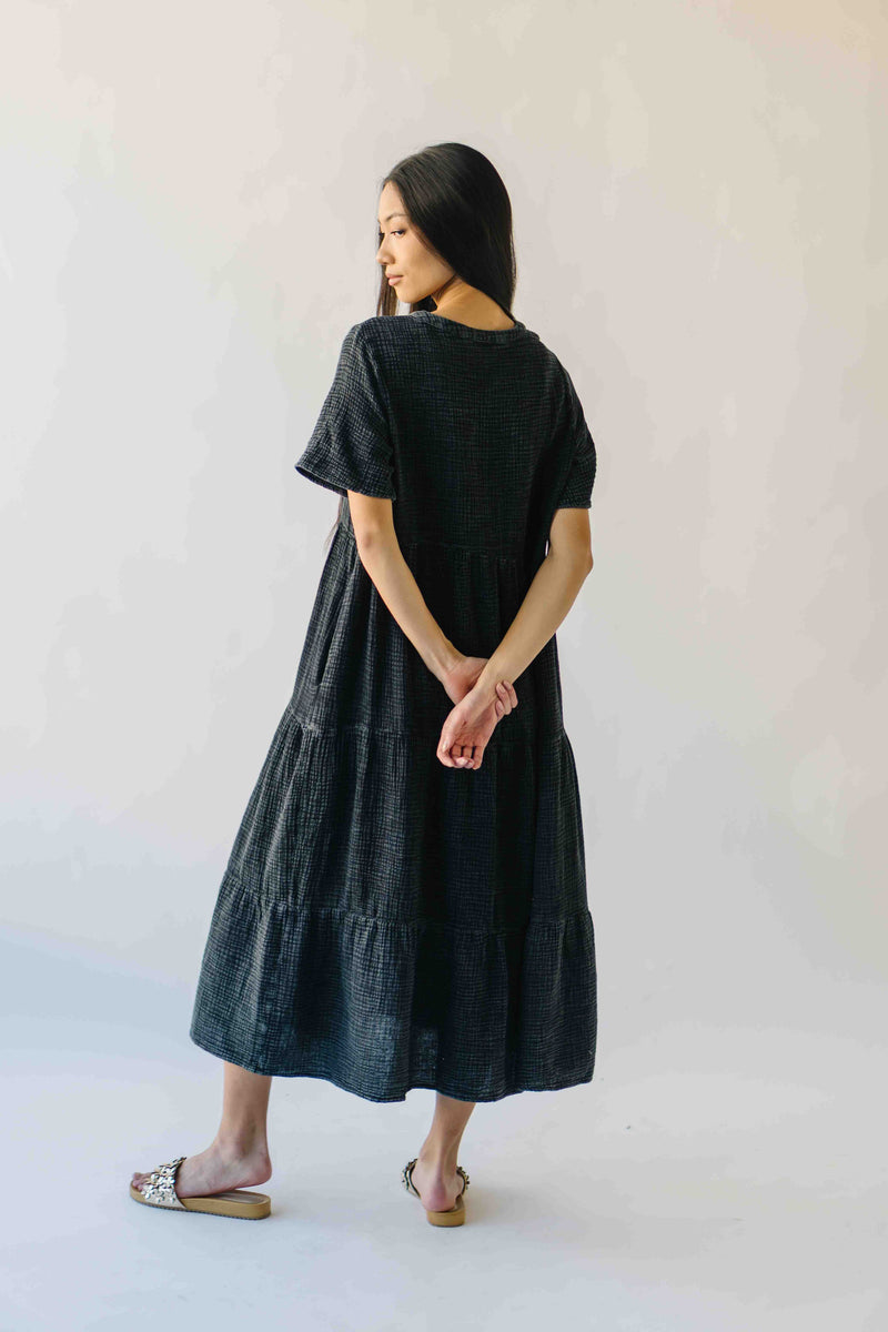 The Lora Washed Cotton Midi Dress in Black
