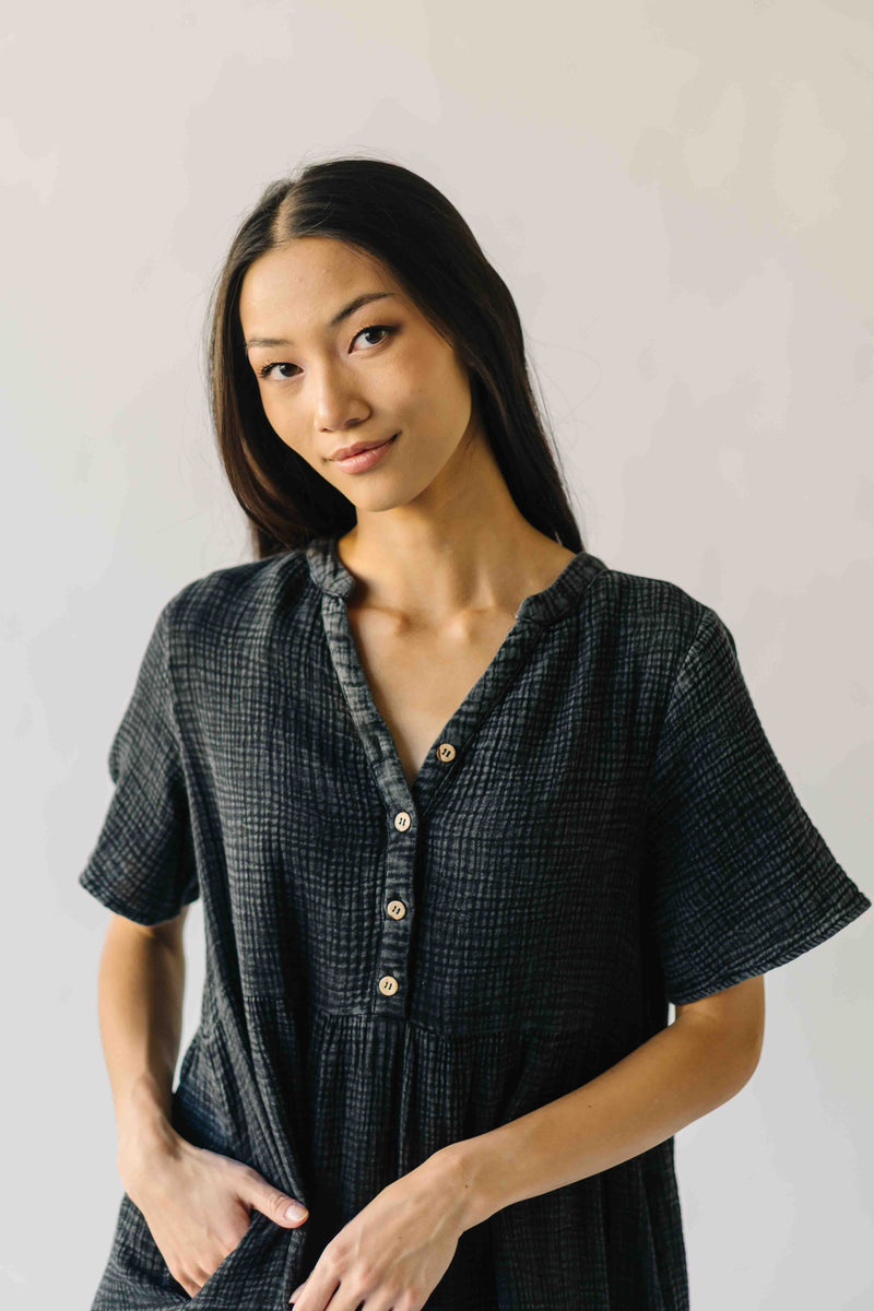 The Lora Washed Cotton Midi Dress in Black