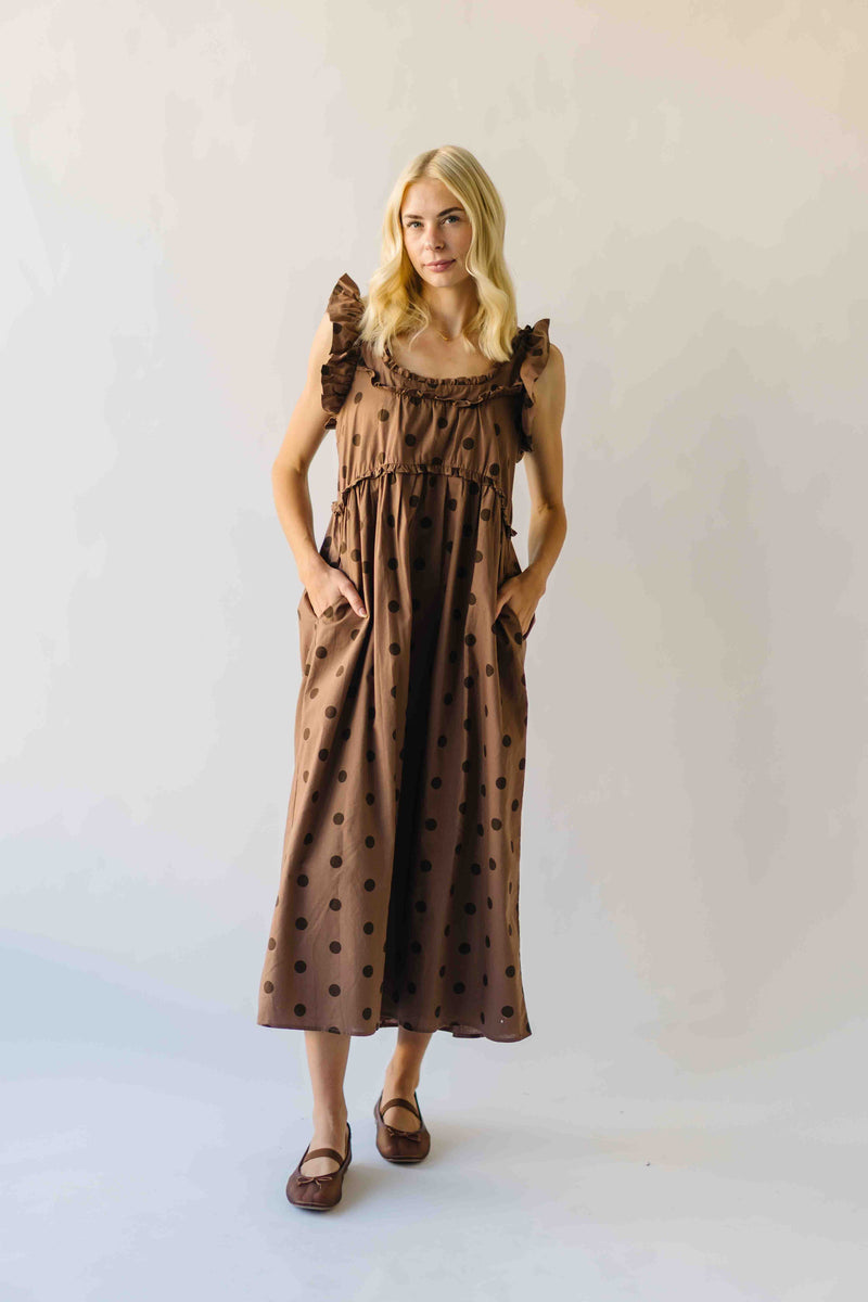 chocolate polka dot one shoulder ruffle detail pleated midi dress Yours London Women's Plus Size Chocolate Brown & Pink Polka Dot Wrap Dress Size Regular 26-28