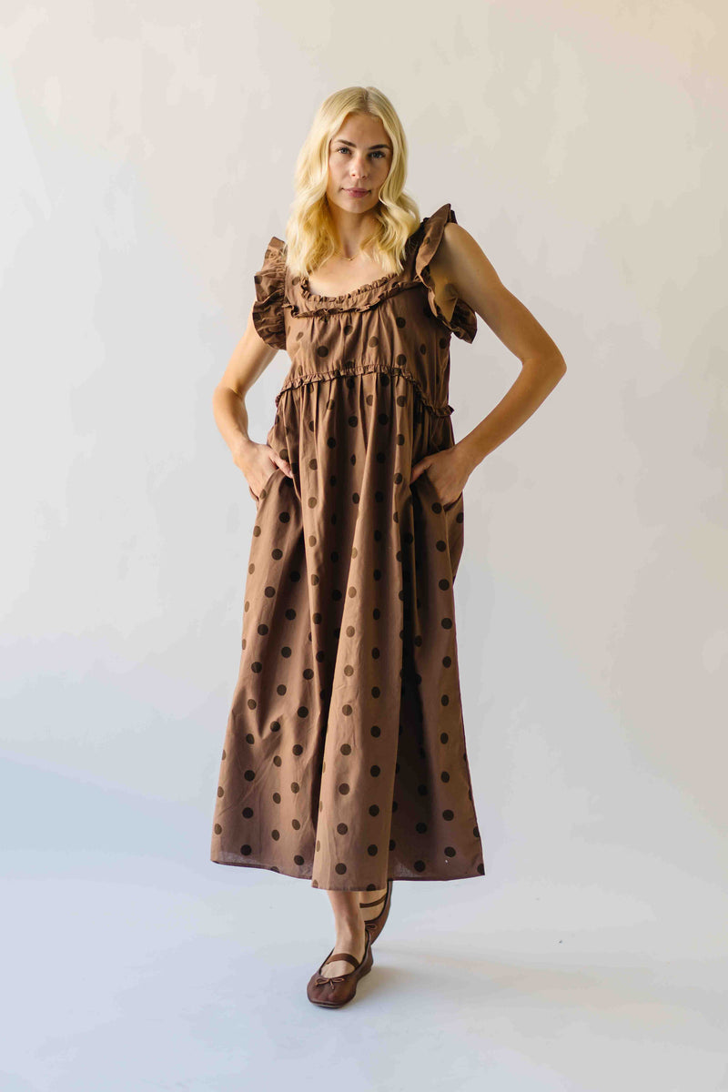 *RESTOCKING END OF OCTOBER* The Kimmy Ruffle Detail Midi Dress in Chocolate Dot