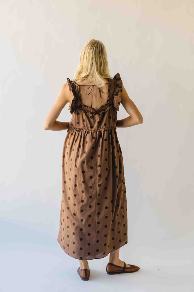 *RESTOCKING END OF OCTOBER* The Kimmy Ruffle Detail Midi Dress in Chocolate Dot