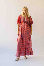 The Sutton Patterned V-Neck Maxi Dress in Mauve