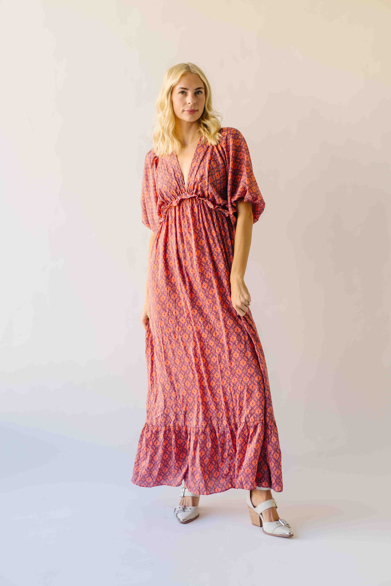 The Sutton Patterned V-Neck Maxi Dress in Mauve