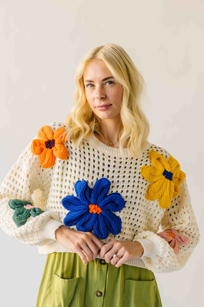 The Latisha Crochet Floral Sweater in Ivory