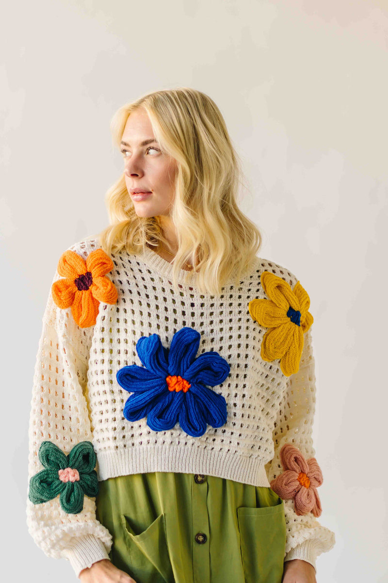 The Latisha Crochet Floral Sweater in Ivory