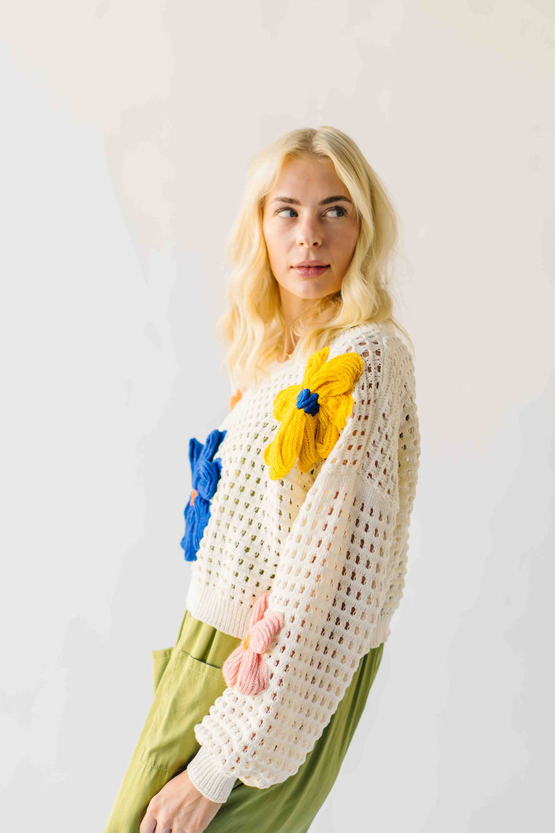 The Latisha Crochet Floral Sweater in Ivory