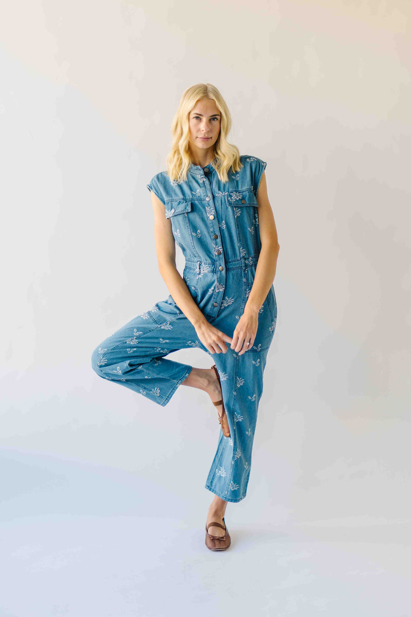 The Alexa Floral Embroidered Jumpsuit in Denim
