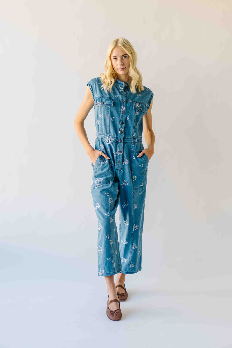The Alexa Floral Embroidered Jumpsuit in Denim