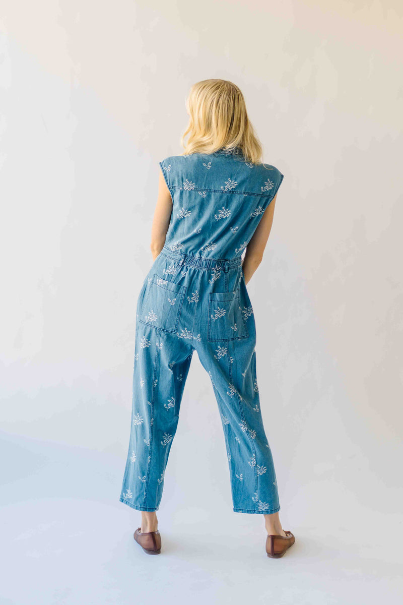 The Alexa Floral Embroidered Jumpsuit in Denim