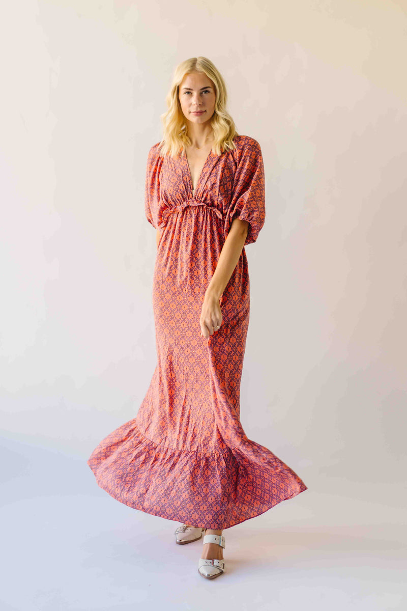 The Sutton Patterned V-Neck Maxi Dress in Mauve