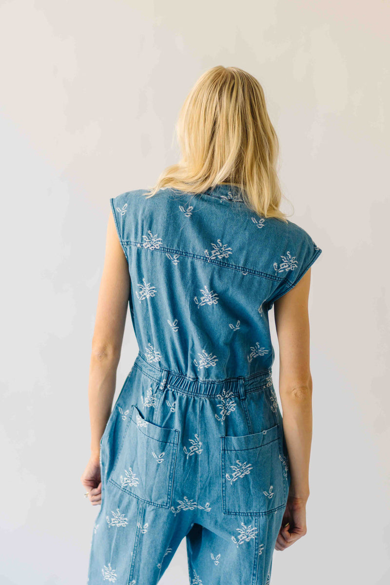 The Alexa Floral Embroidered Jumpsuit in Denim