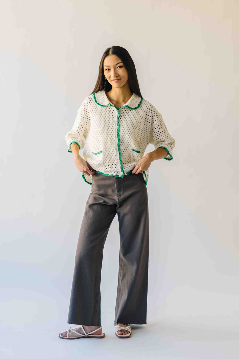 The Millard Crochet Button-Up Sweater in Ivory + Green