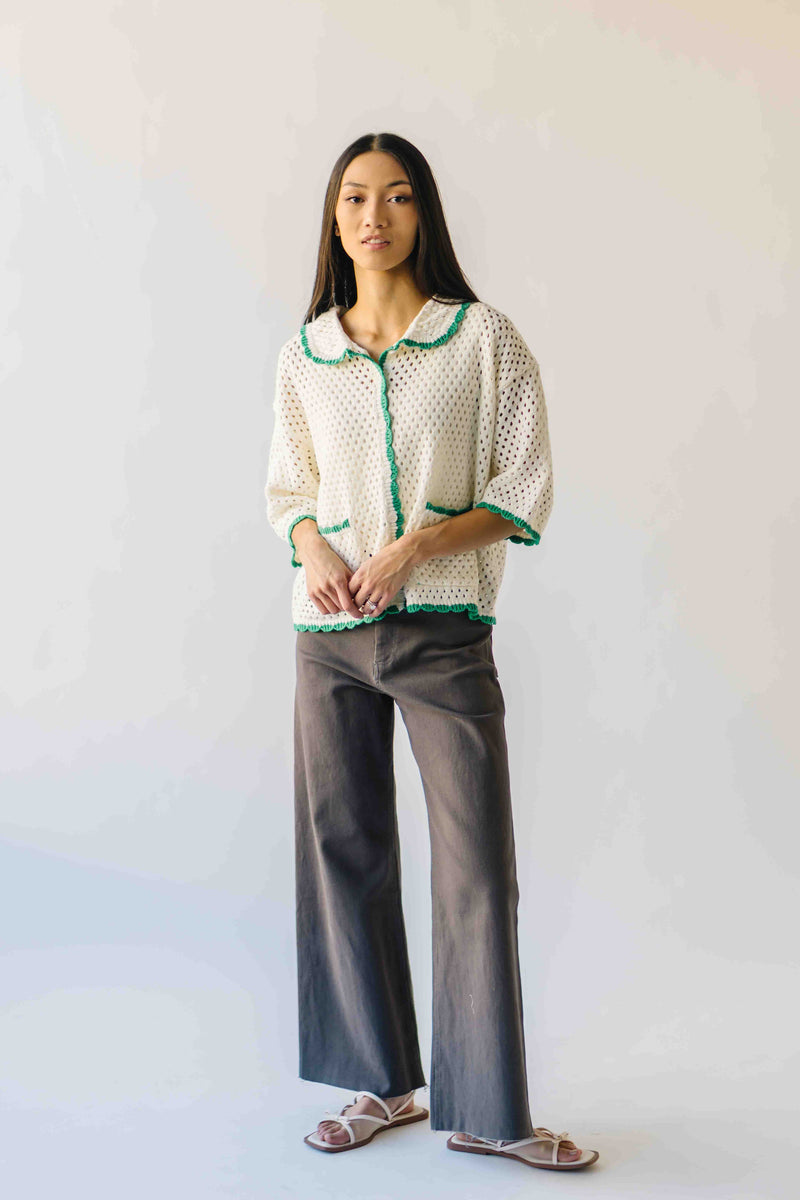 The Millard Crochet Button-Up Sweater in Ivory + Green
