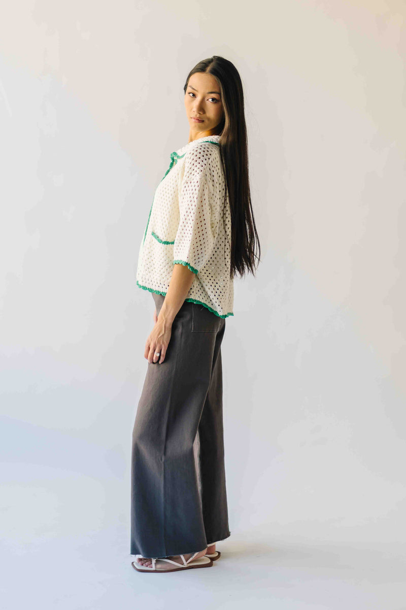 The Millard Crochet Button-Up Sweater in Ivory + Green