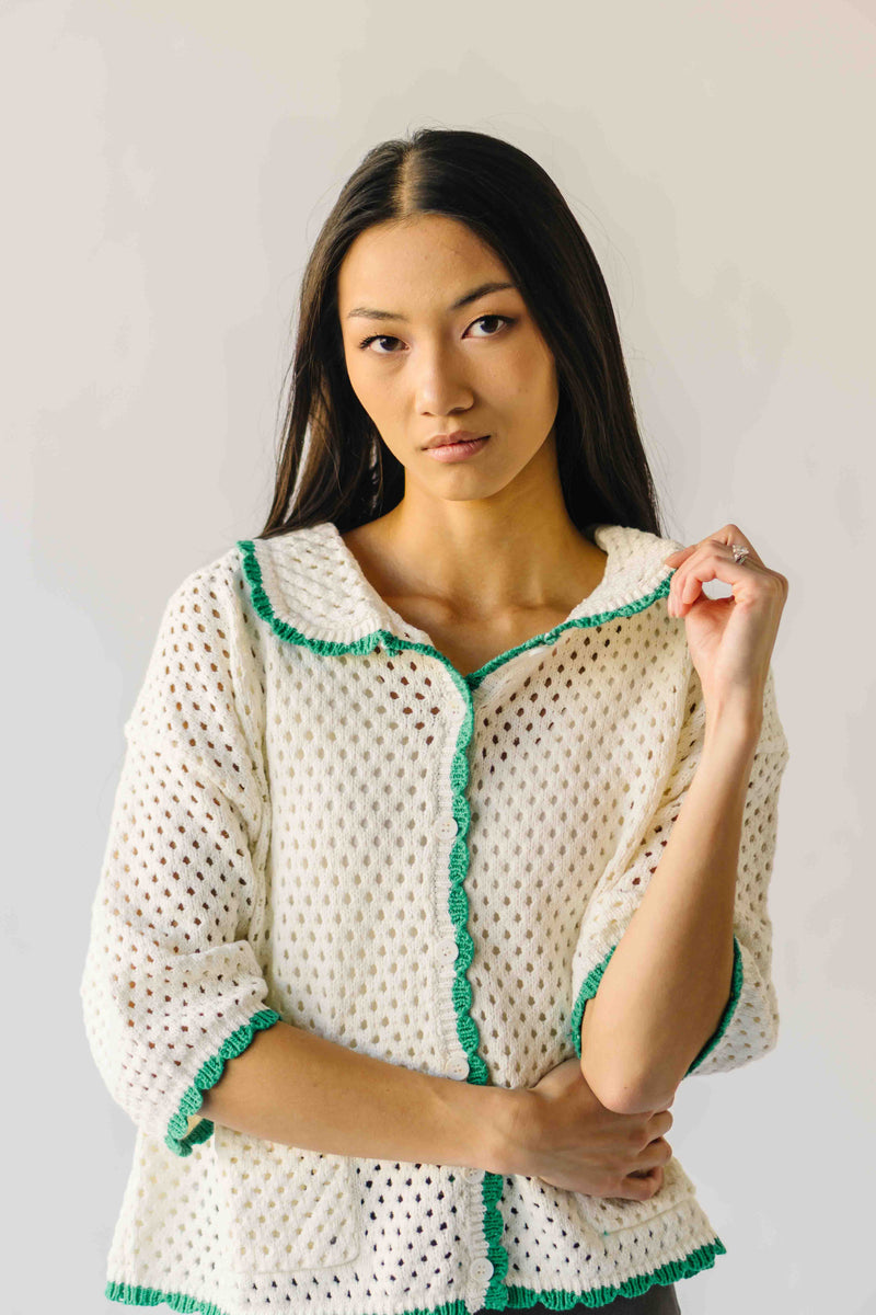The Millard Crochet Button-Up Sweater in Ivory + Green