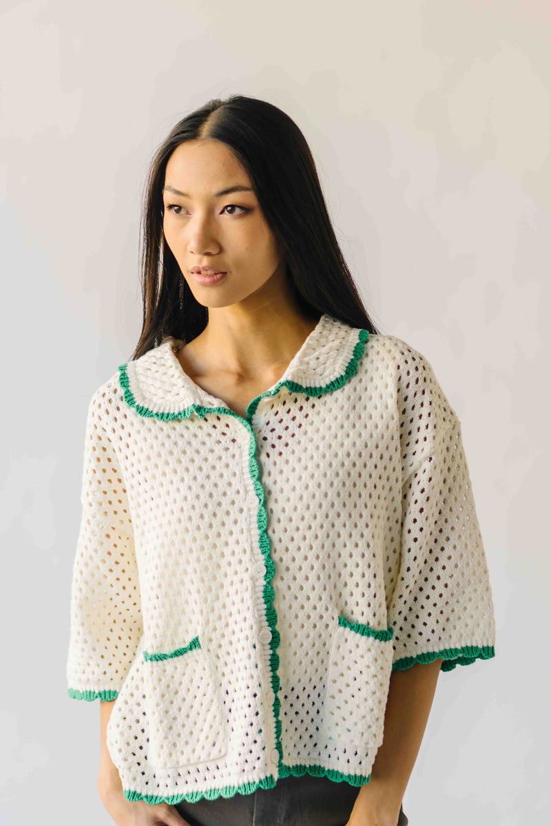 The Millard Crochet Button-Up Sweater in Ivory + Green