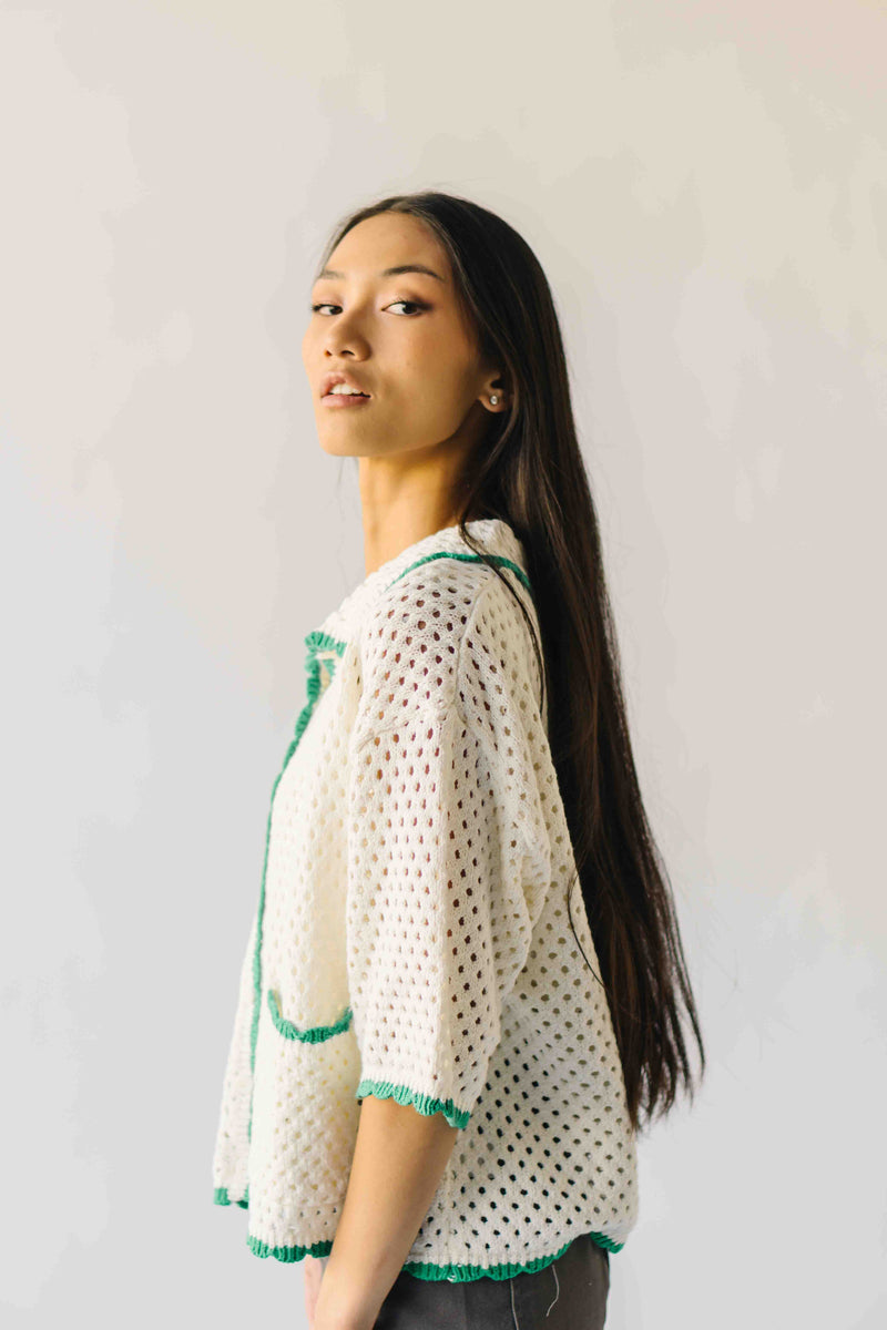 The Millard Crochet Button-Up Sweater in Ivory + Green