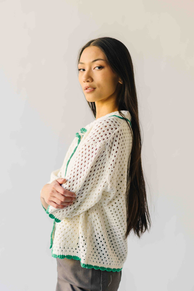 The Millard Crochet Button-Up Sweater in Ivory + Green