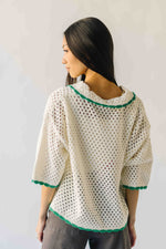 The Millard Crochet Button-Up Sweater in Ivory + Green