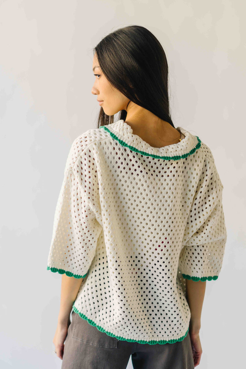 The Millard Crochet Button-Up Sweater in Ivory + Green