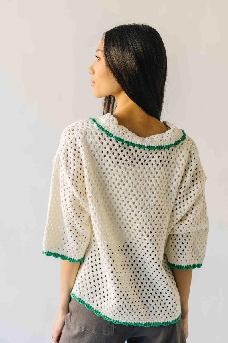 The Millard Crochet Button-Up Sweater in Ivory + Green
