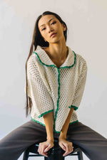 The Millard Crochet Button-Up Sweater in Ivory + Green