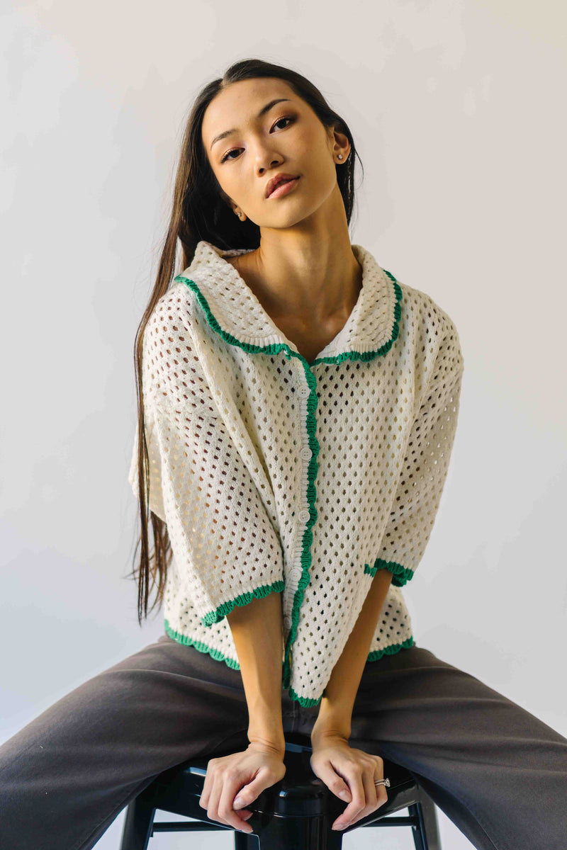 The Millard Crochet Button-Up Sweater in Ivory + Green