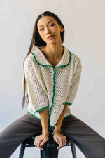 The Millard Crochet Button-Up Sweater in Ivory + Green