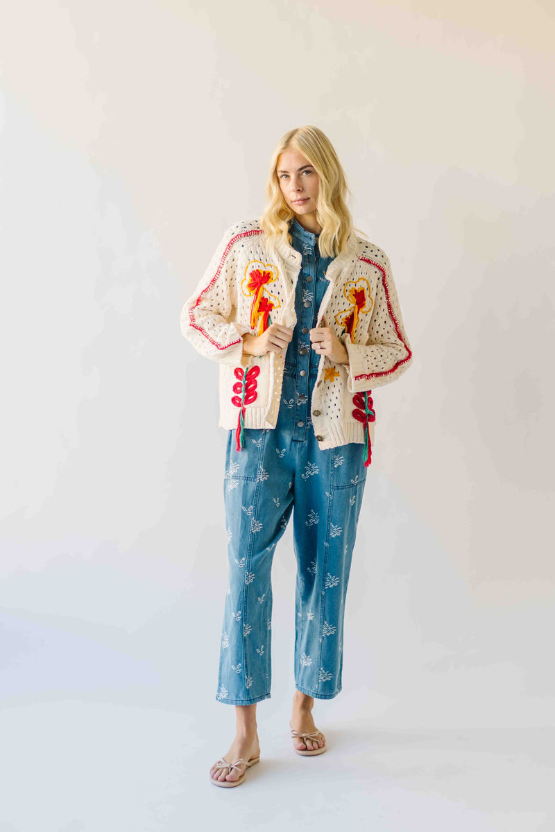 The Athena Embroidered Cardigan in Powder Cream