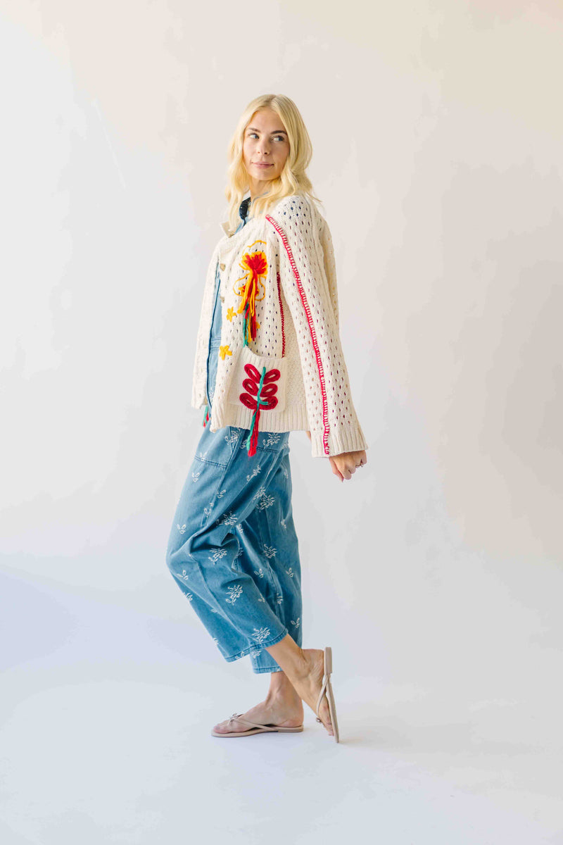The Athena Embroidered Cardigan in Powder Cream