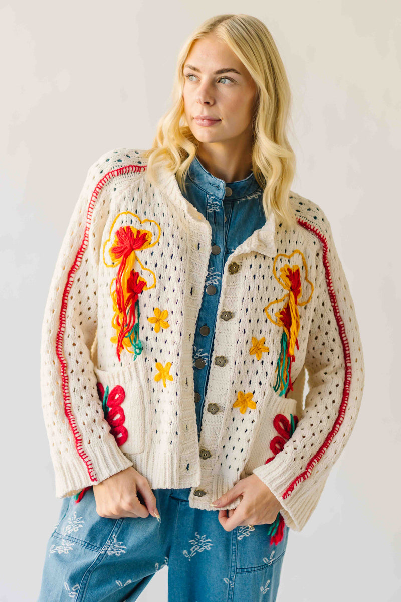 The Athena Embroidered Cardigan in Powder Cream
