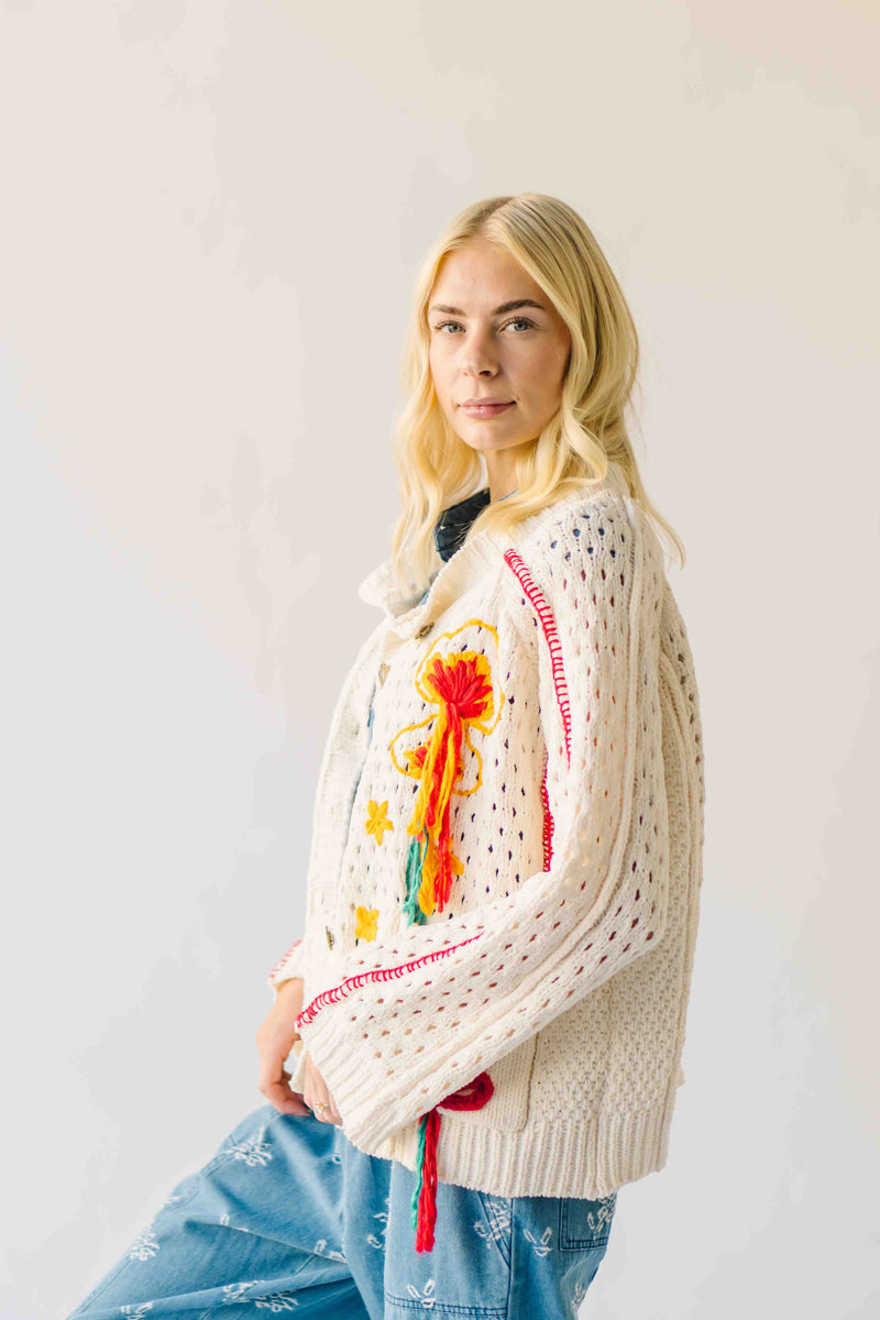 The Athena Embroidered Cardigan in Powder Cream