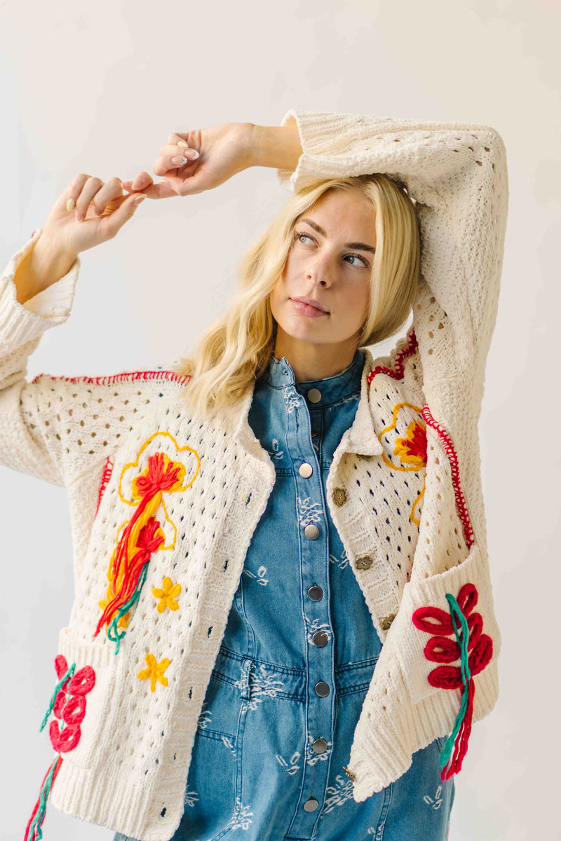The Athena Embroidered Cardigan in Powder Cream