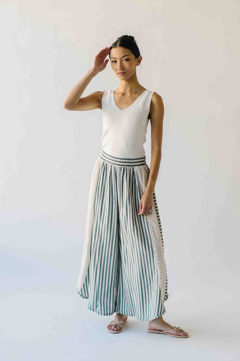 The Irena Eyelet Detail Wide Leg Pant in Green Stripe