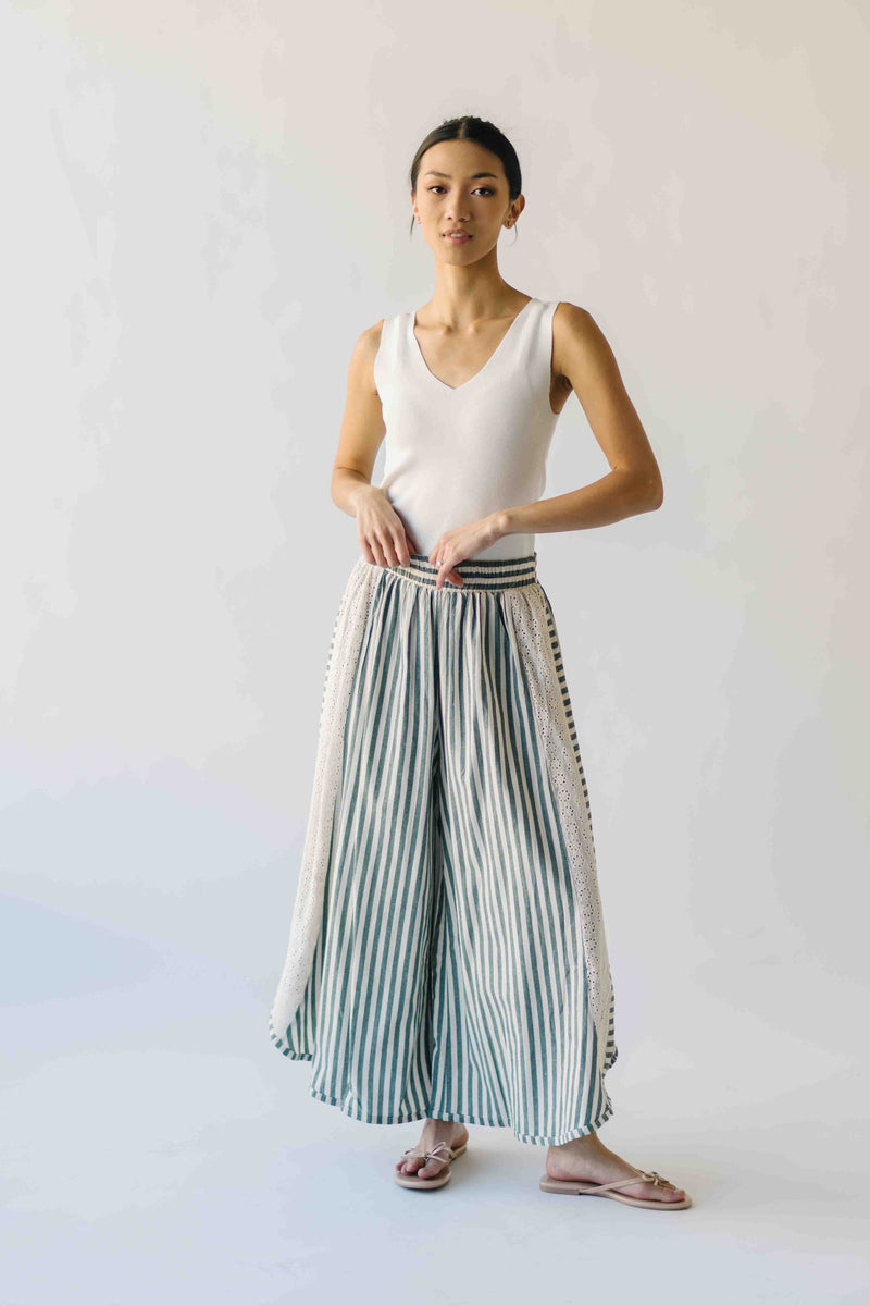 The Irena Eyelet Detail Wide Leg Pant in Green Stripe