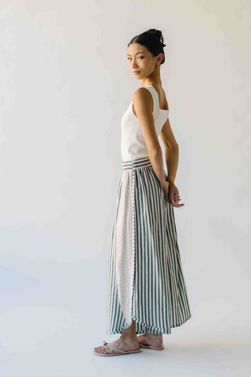 The Irena Eyelet Detail Wide Leg Pant in Green Stripe