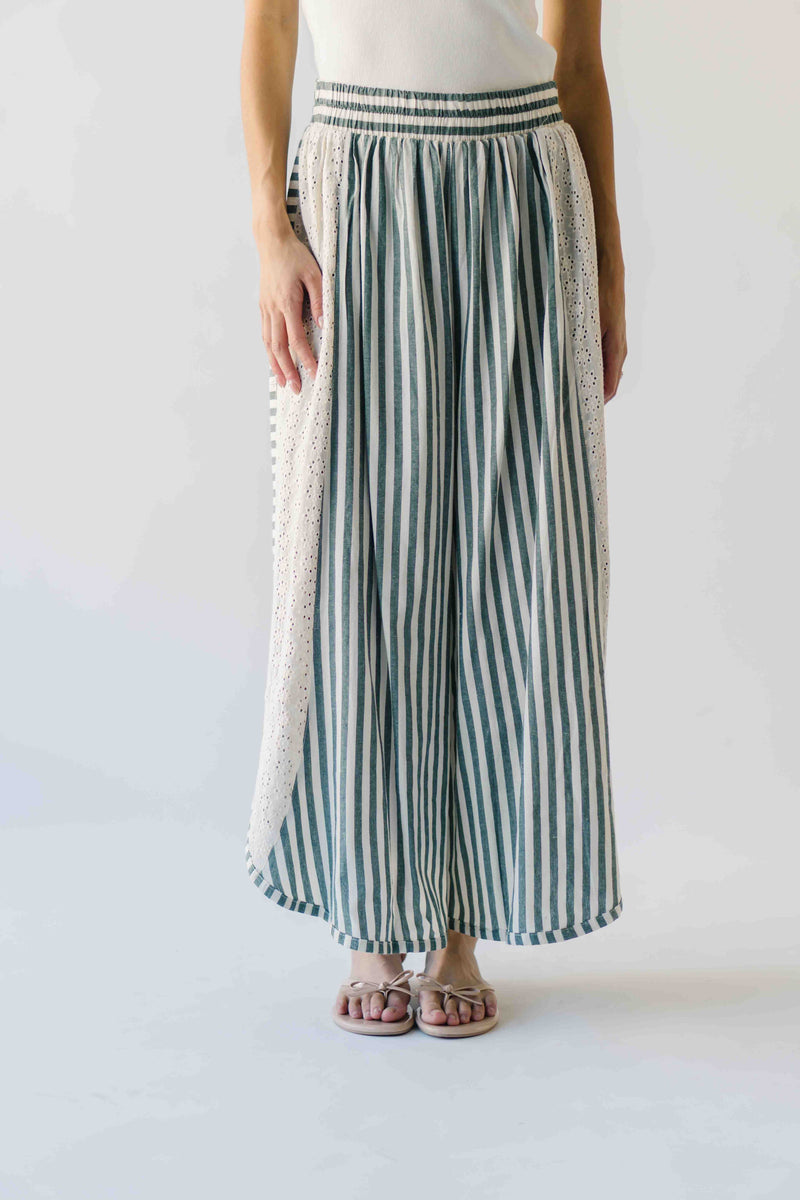 The Irena Eyelet Detail Wide Leg Pant in Green Stripe
